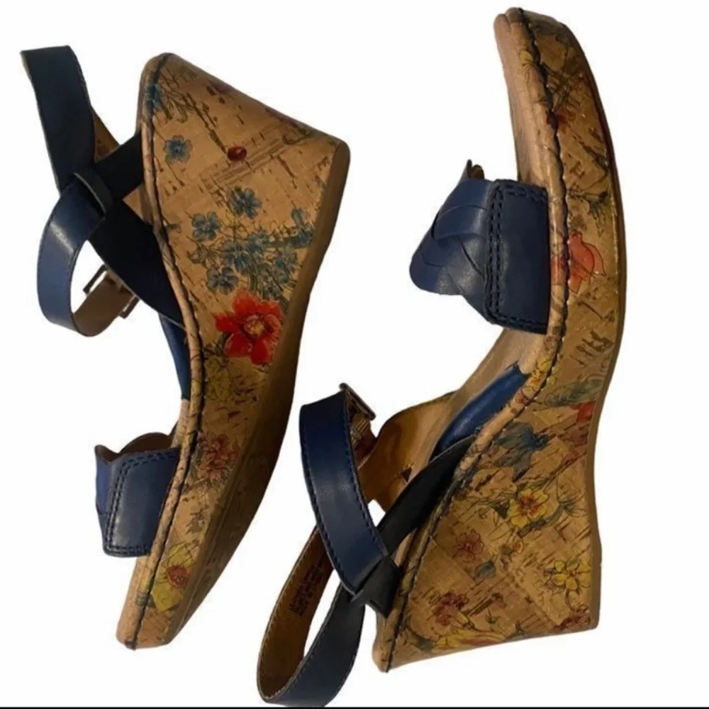 Born BOC Blue Leather Braided Strap Cork Floral Wedge Sandals Size 9